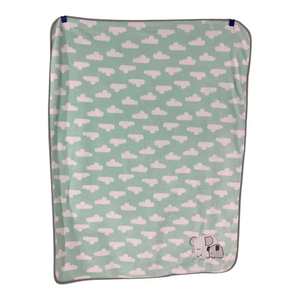 Cloud Island Elephant Baby Blanket Green Grey Trim Clouds Plush Lovey Mom Baby